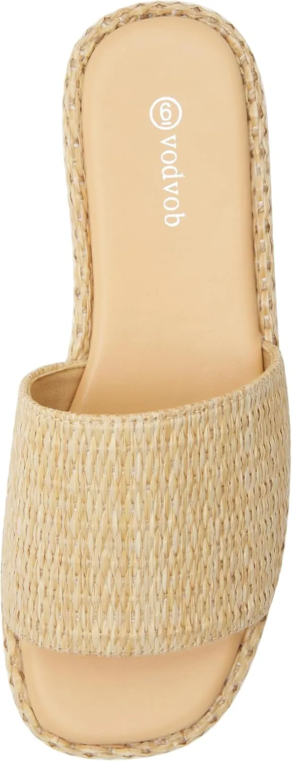 vodvob Platform Sandals for Women Open Toe Comfort Slip On Espadrille Sandals Cute Beach Straw Raffia Sandals Casual Summer Vacation for Women