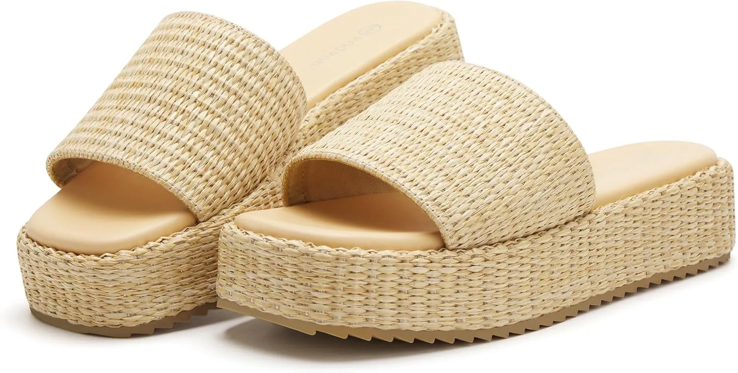 vodvob Platform Sandals for Women Open Toe Comfort Slip On Espadrille Sandals Cute Beach Straw Raffia Sandals Casual Summer Vacation for Women