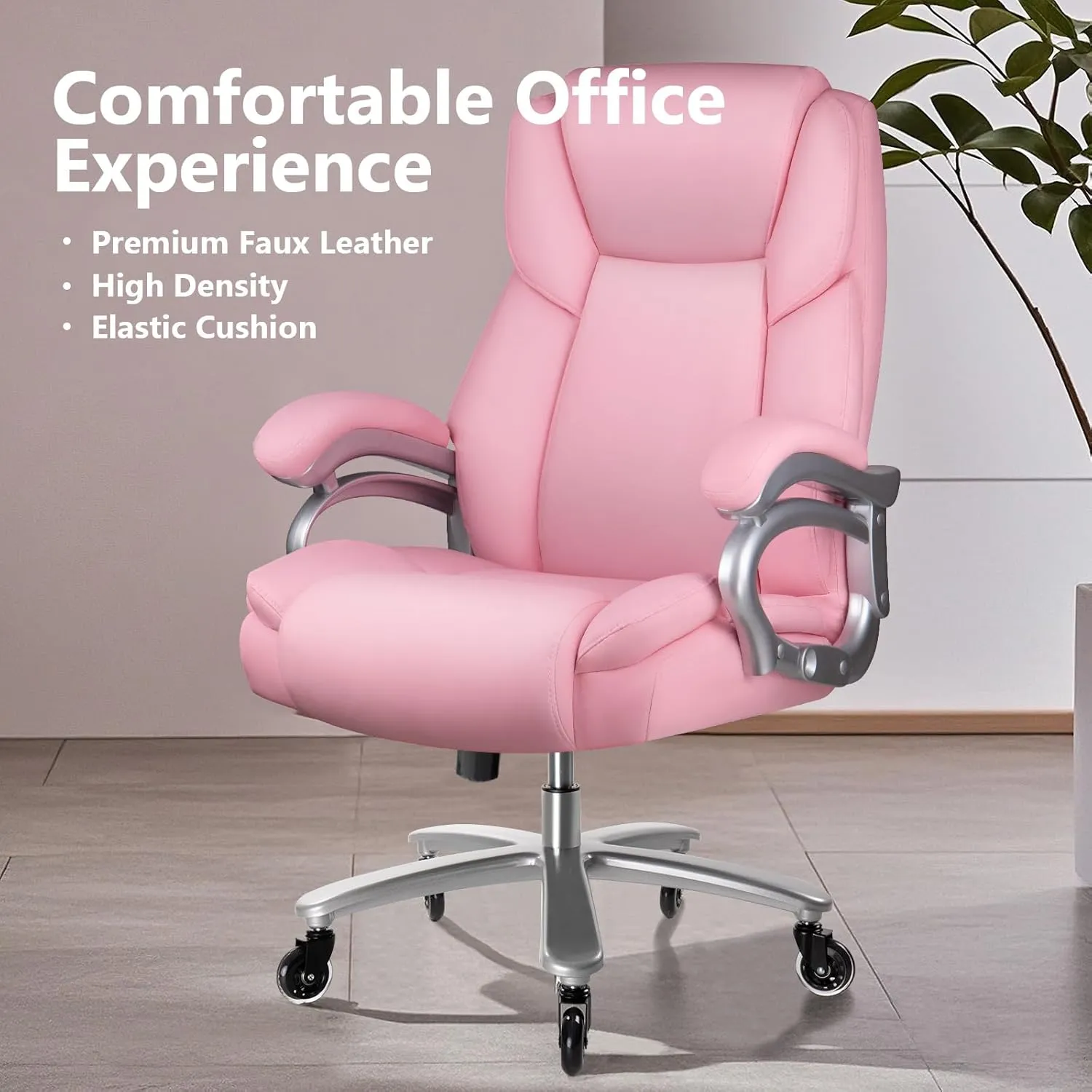 Waleaf Big and Tall Office Chair 500lbs, Adjustable Lumbar Support Executive Chair with High Back, Ergonomic Heavy Duty Office Chair for Heavy People (Pink)