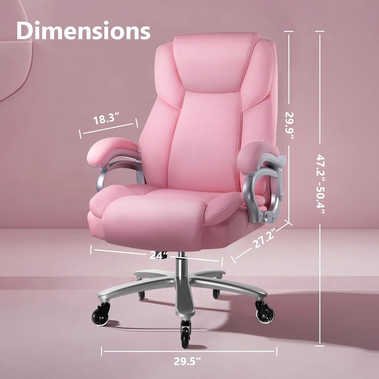 Waleaf Big and Tall Office Chair 500lbs, Adjustable Lumbar Support Executive Chair with High Back, Ergonomic Heavy Duty Office Chair for Heavy People (Pink)