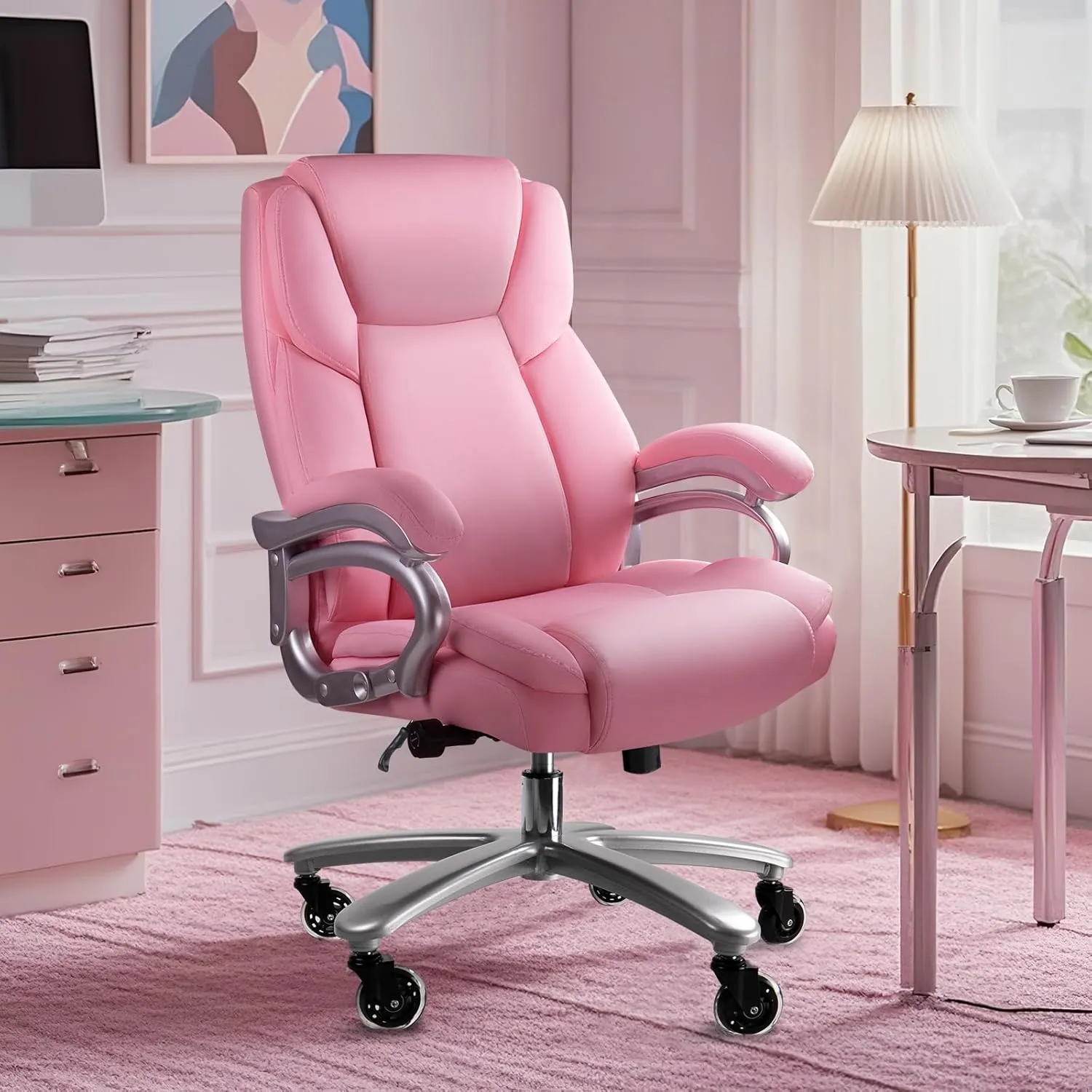 Waleaf Big and Tall Office Chair 500lbs, Adjustable Lumbar Support Executive Chair with High Back, Ergonomic Heavy Duty Office Chair for Heavy People (Pink)
