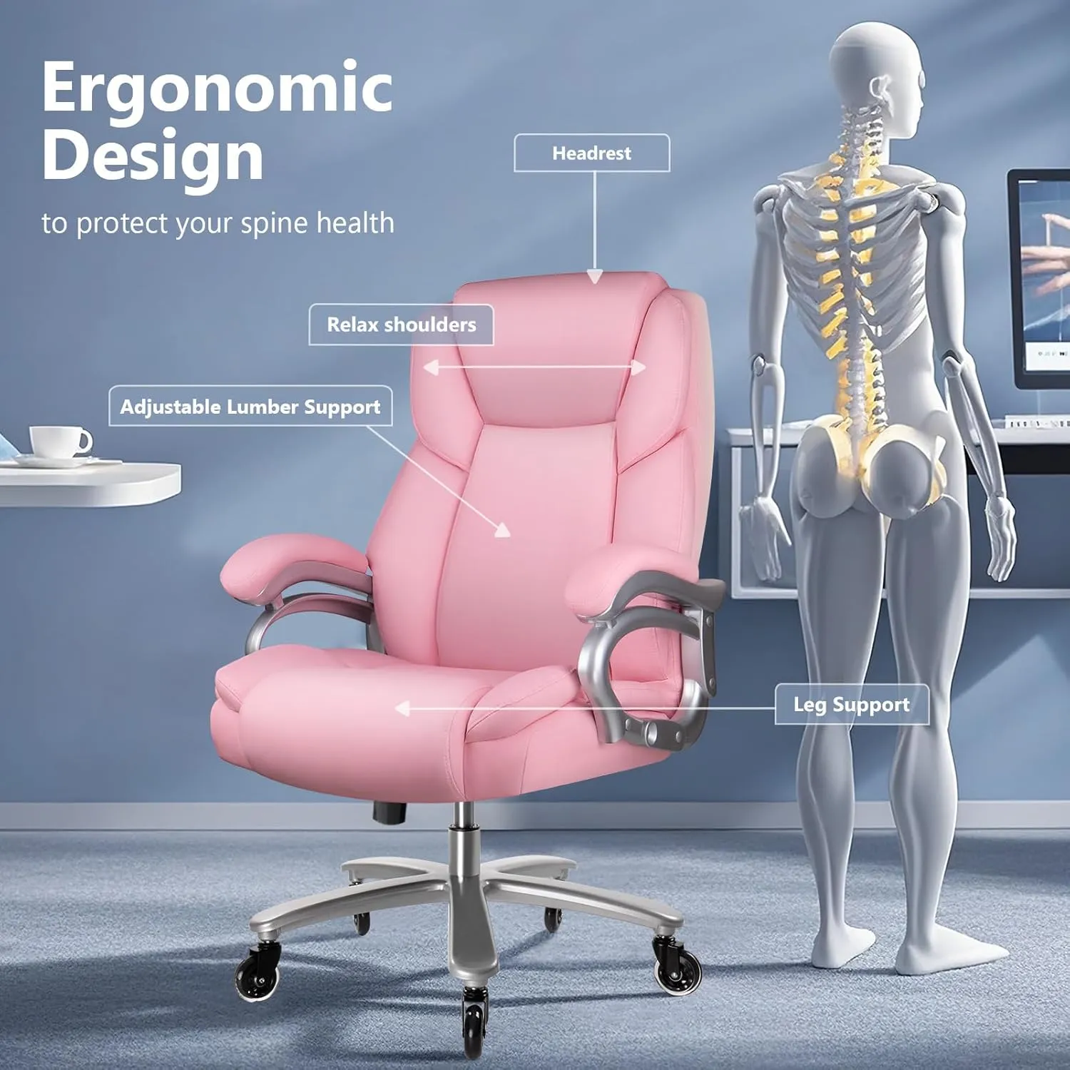Waleaf Big and Tall Office Chair 500lbs, Adjustable Lumbar Support Executive Chair with High Back, Ergonomic Heavy Duty Office Chair for Heavy People (Pink)