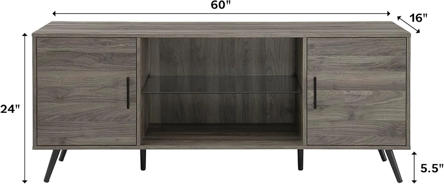 Walker Edison Saxon Mid Century Modern Glass Shelf TV Stand for TVs up to 65 Inches, 60 Inch, Slate Grey