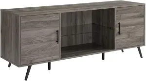 Walker Edison Saxon Mid Century Modern Glass Shelf TV Stand for TVs up to 65 Inches, 60 Inch, Slate Grey