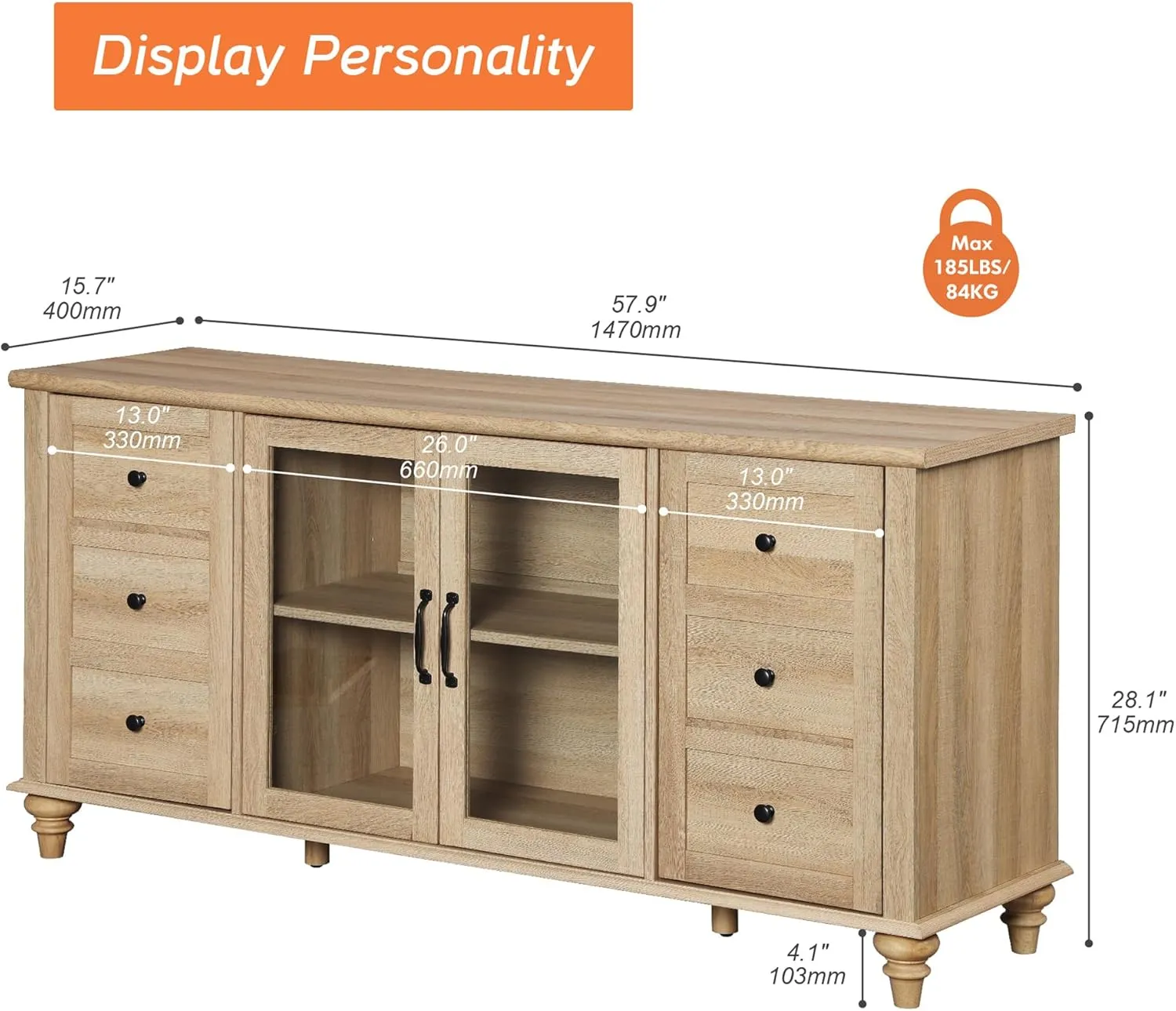 WAMPAT Glass Door Farmhouse TV Stand for TVs Up to 75 inch, Wood Universal TV Console Table with 4 Storage Cabinets, Entertainment Center for 32-75 inch TV Console Cabinet, 58'',Oak