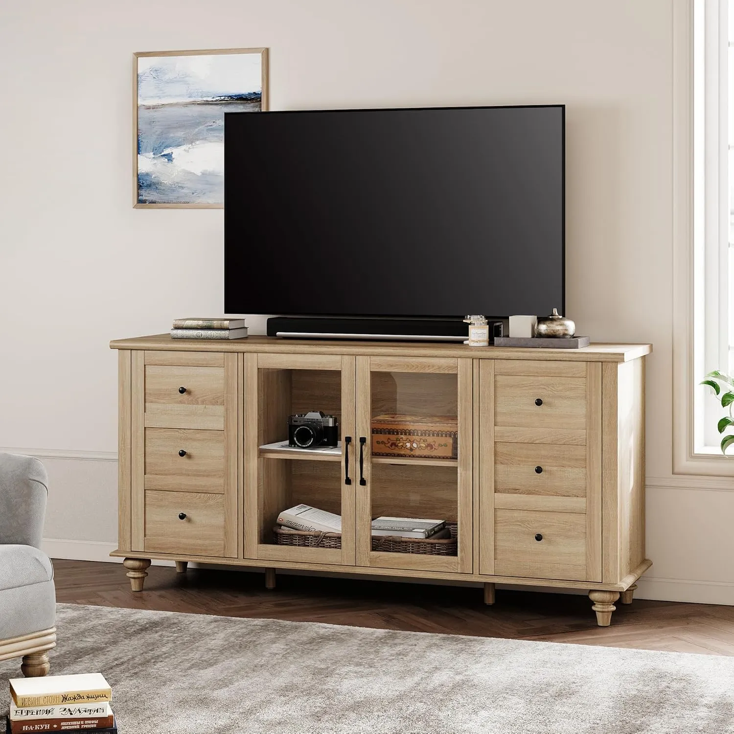 WAMPAT Glass Door Farmhouse TV Stand for TVs Up to 75 inch, Wood Universal TV Console Table with 4 Storage Cabinets, Entertainment Center for 32-75 inch TV Console Cabinet, 58'',Oak