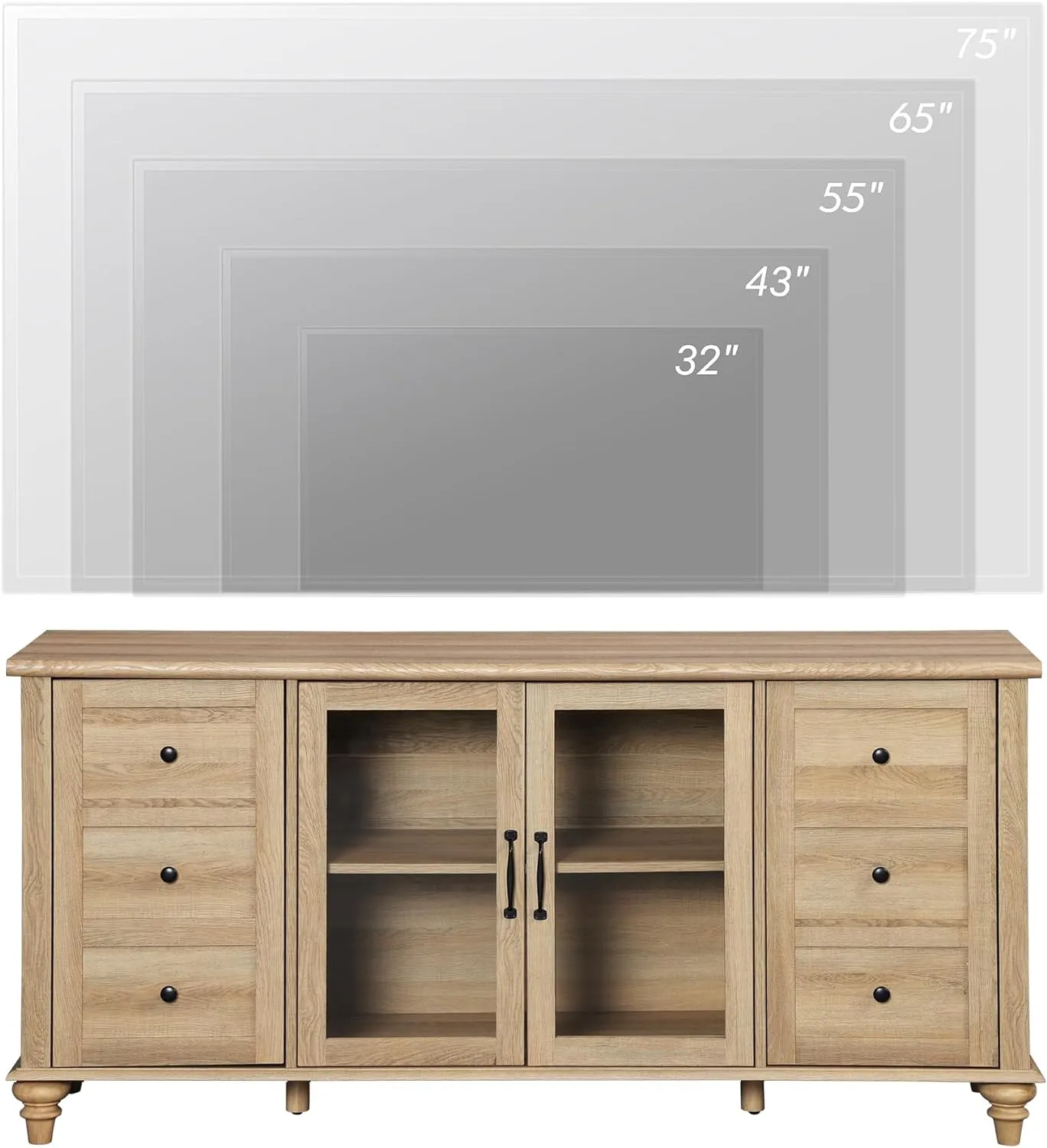 WAMPAT Glass Door Farmhouse TV Stand for TVs Up to 75 inch, Wood Universal TV Console Table with 4 Storage Cabinets, Entertainment Center for 32-75 inch TV Console Cabinet, 58'',Oak