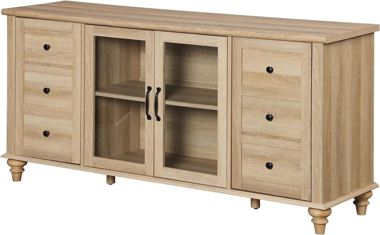 WAMPAT Glass Door Farmhouse TV Stand for TVs Up to 75 inch, Wood Universal TV Console Table with 4 Storage Cabinets, Entertainment Center for 32-75 inch TV Console Cabinet, 58'',Oak