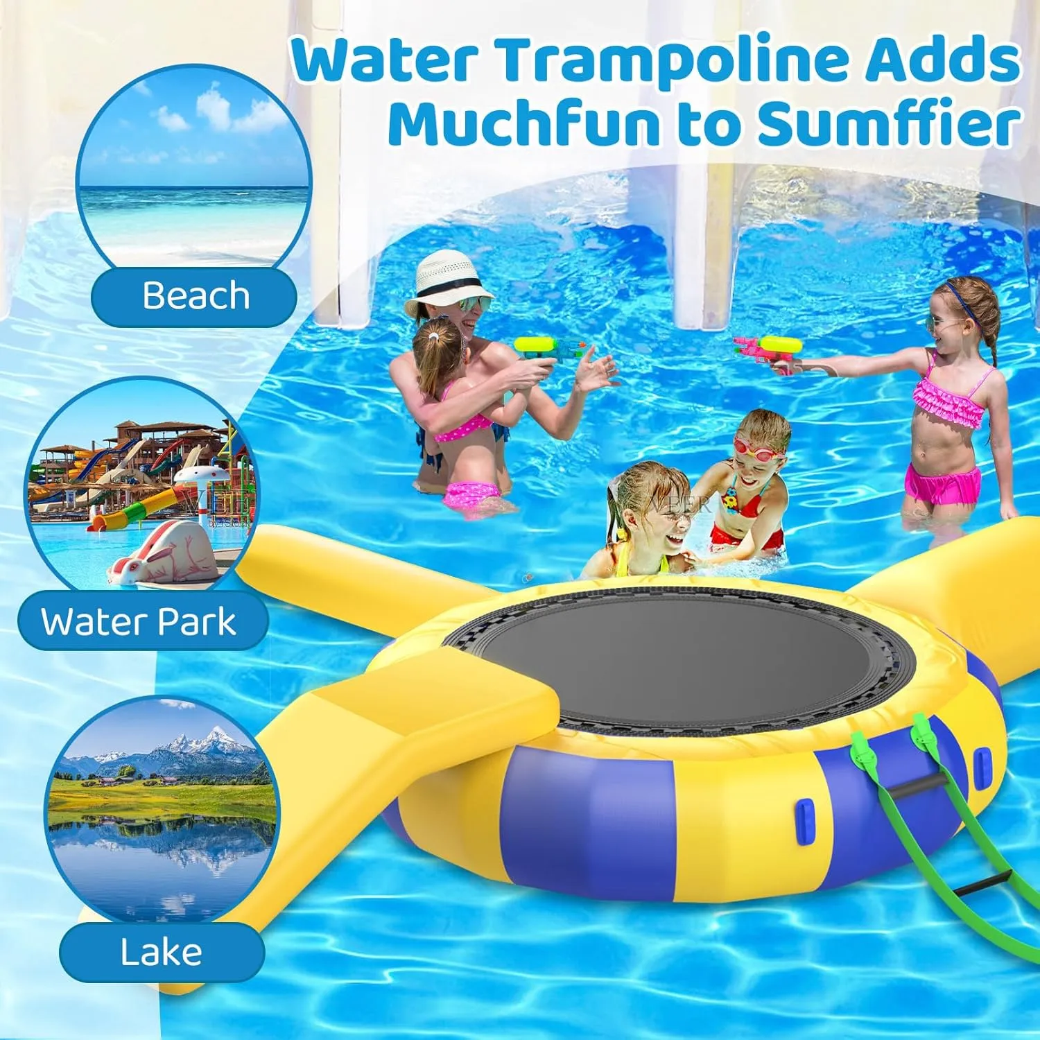 Water Trampoline for Lake,PVC Inflatable Water Trampoline, with Slide/Tube/Jumping Pillow Bag Bouncing Platform Trampoline for Park Games,Blue,13FT/4M