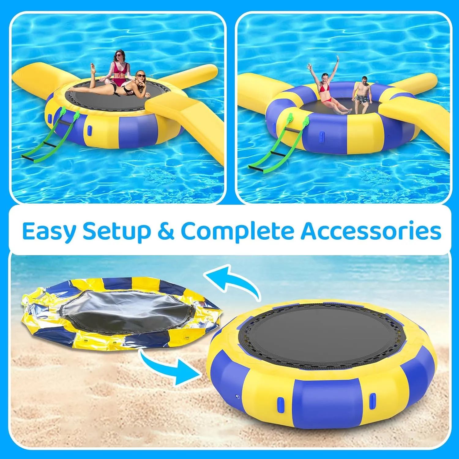 Water Trampoline for Lake,PVC Inflatable Water Trampoline, with Slide/Tube/Jumping Pillow Bag Bouncing Platform Trampoline for Park Games,Blue,13FT/4M