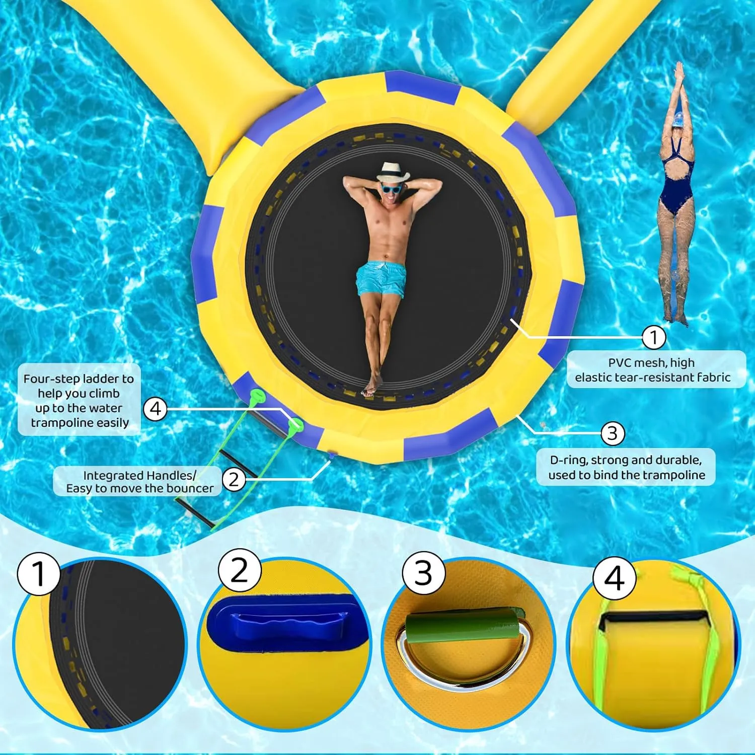 Water Trampoline for Lake,PVC Inflatable Water Trampoline, with Slide/Tube/Jumping Pillow Bag Bouncing Platform Trampoline for Park Games,Blue,13FT/4M