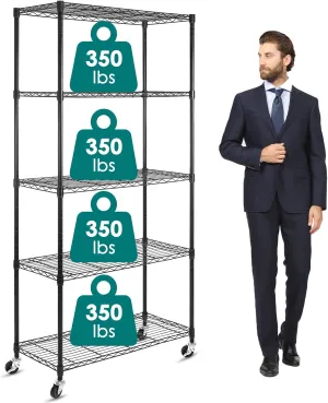 WDT 5-Shelf Shelving Units on Wheels Casters, Adjustable Heavy Duty Metal Shelf Wire Storage Rack for Home Office Garage Kitchen Bathroom Organization(16”Wx36”Dx75”H), Black