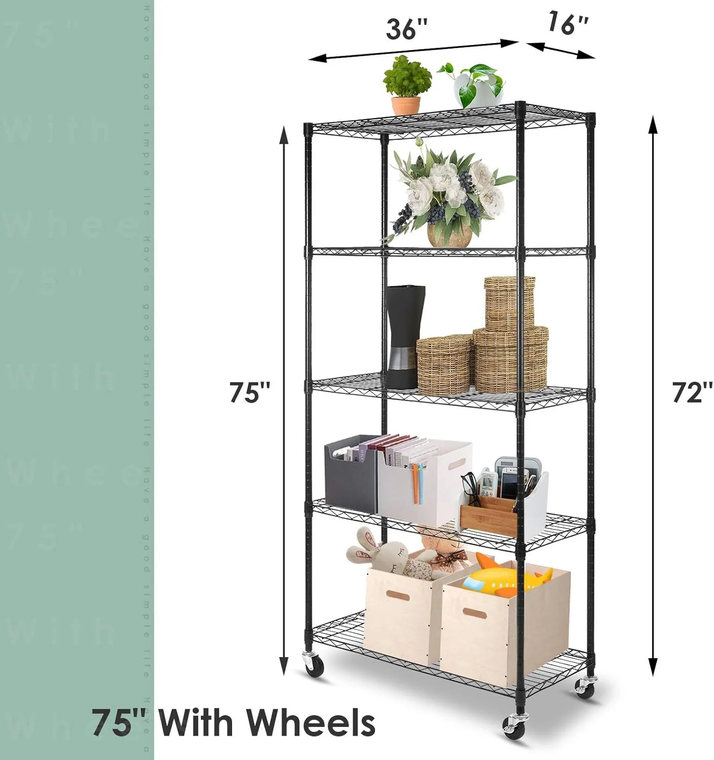 WDT 5-Shelf Shelving Units on Wheels Casters, Adjustable Heavy Duty Metal Shelf Wire Storage Rack for Home Office Garage Kitchen Bathroom Organization(16”Wx36”Dx75”H), Black