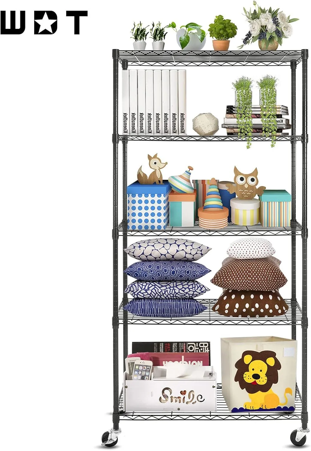 WDT 5-Shelf Shelving Units on Wheels Casters, Adjustable Heavy Duty Metal Shelf Wire Storage Rack for Home Office Garage Kitchen Bathroom Organization(16”Wx36”Dx75”H), Black