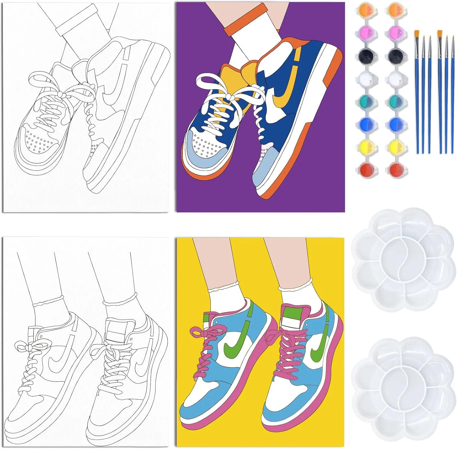 WEBEEDY 2 Pack Canvas Painting Kit 8x10 Inch Sneakers Retro Theme Canvas Painting Pre Drawn Canvas Painting Sports Cool Sneakers Shoe Store Decor Bedroom Decor Painting Canvas Wall Art