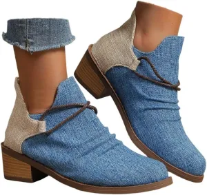 Western Ankle Boots for Women,Women's Pull On Ankle Boots Denim Slip on Walking Short Booties Pointed Toe Leopard Print Canvas Western Cowboy Cowgirl Boots Chunky Stacked Low Heel Bootie