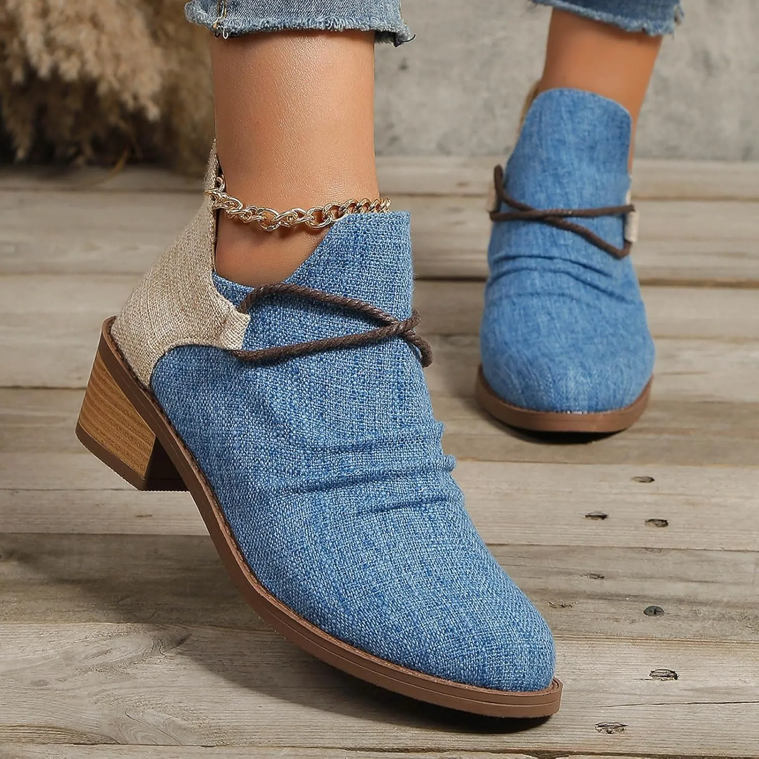 Western Ankle Boots for Women,Women's Pull On Ankle Boots Denim Slip on Walking Short Booties Pointed Toe Leopard Print Canvas Western Cowboy Cowgirl Boots Chunky Stacked Low Heel Bootie