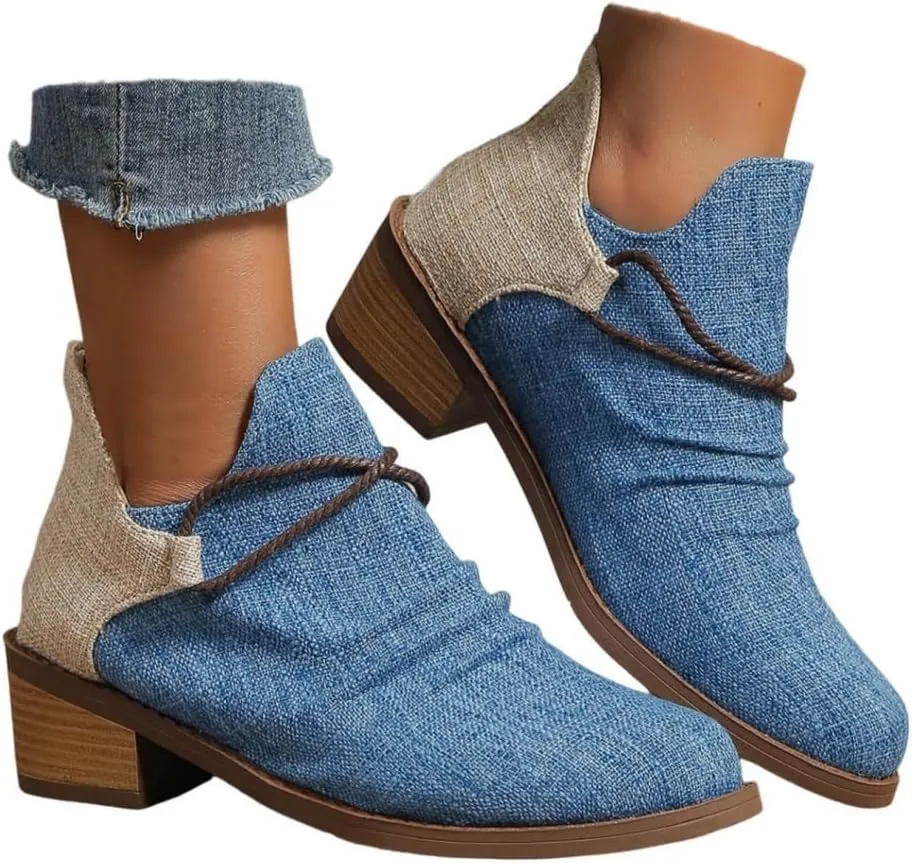 Western Ankle Boots for Women,Women's Pull On Ankle Boots Denim Slip on Walking Short Booties Pointed Toe Leopard Print Canvas Western Cowboy Cowgirl Boots Chunky Stacked Low Heel Bootie