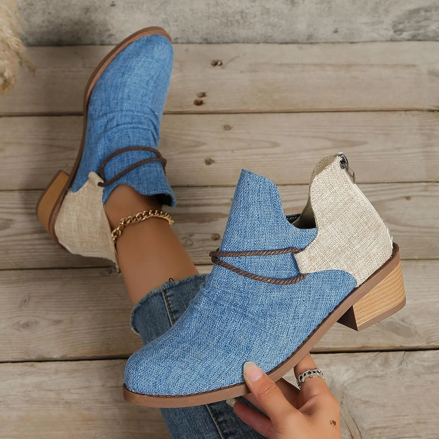 Western Ankle Boots for Women,Women's Pull On Ankle Boots Denim Slip on Walking Short Booties Pointed Toe Leopard Print Canvas Western Cowboy Cowgirl Boots Chunky Stacked Low Heel Bootie