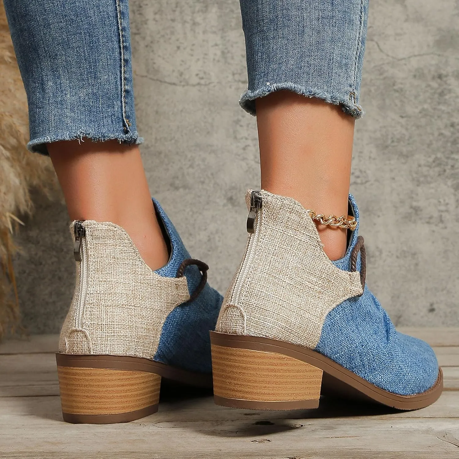 Western Ankle Boots for Women,Women's Pull On Ankle Boots Denim Slip on Walking Short Booties Pointed Toe Leopard Print Canvas Western Cowboy Cowgirl Boots Chunky Stacked Low Heel Bootie