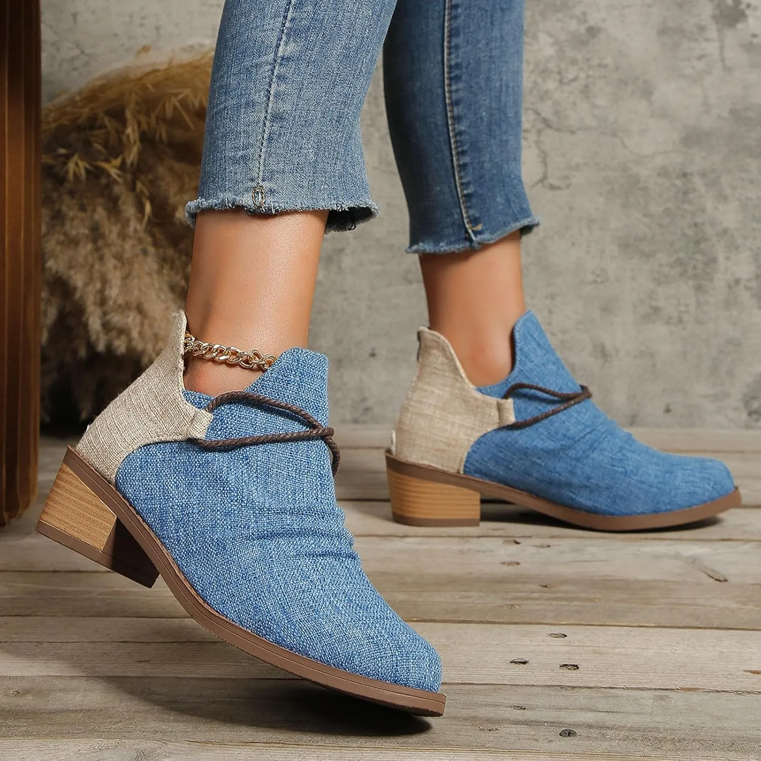 Western Ankle Boots for Women,Women's Pull On Ankle Boots Denim Slip on Walking Short Booties Pointed Toe Leopard Print Canvas Western Cowboy Cowgirl Boots Chunky Stacked Low Heel Bootie