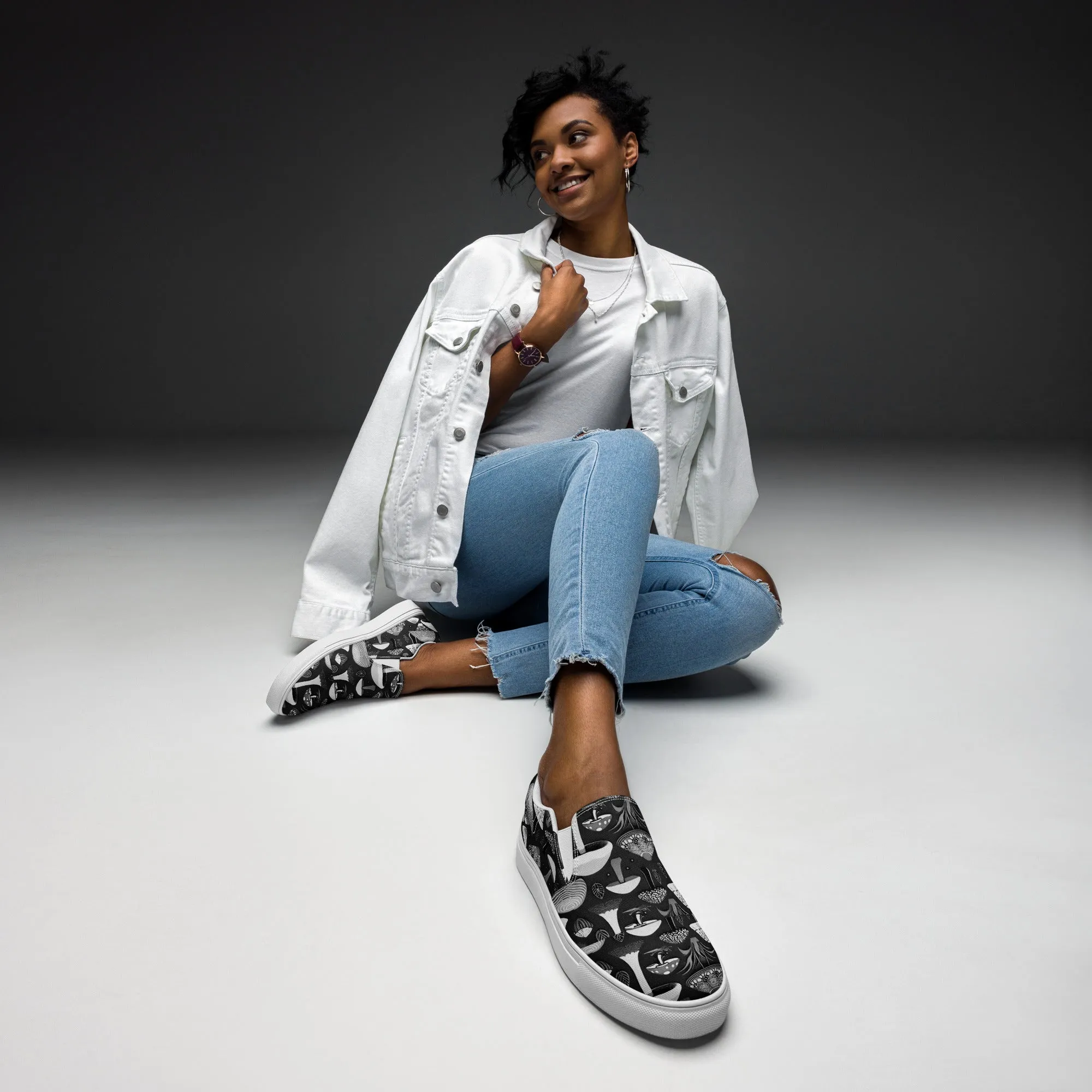 Whimsical Mushrooms in B&W Women’s slip-on canvas shoes