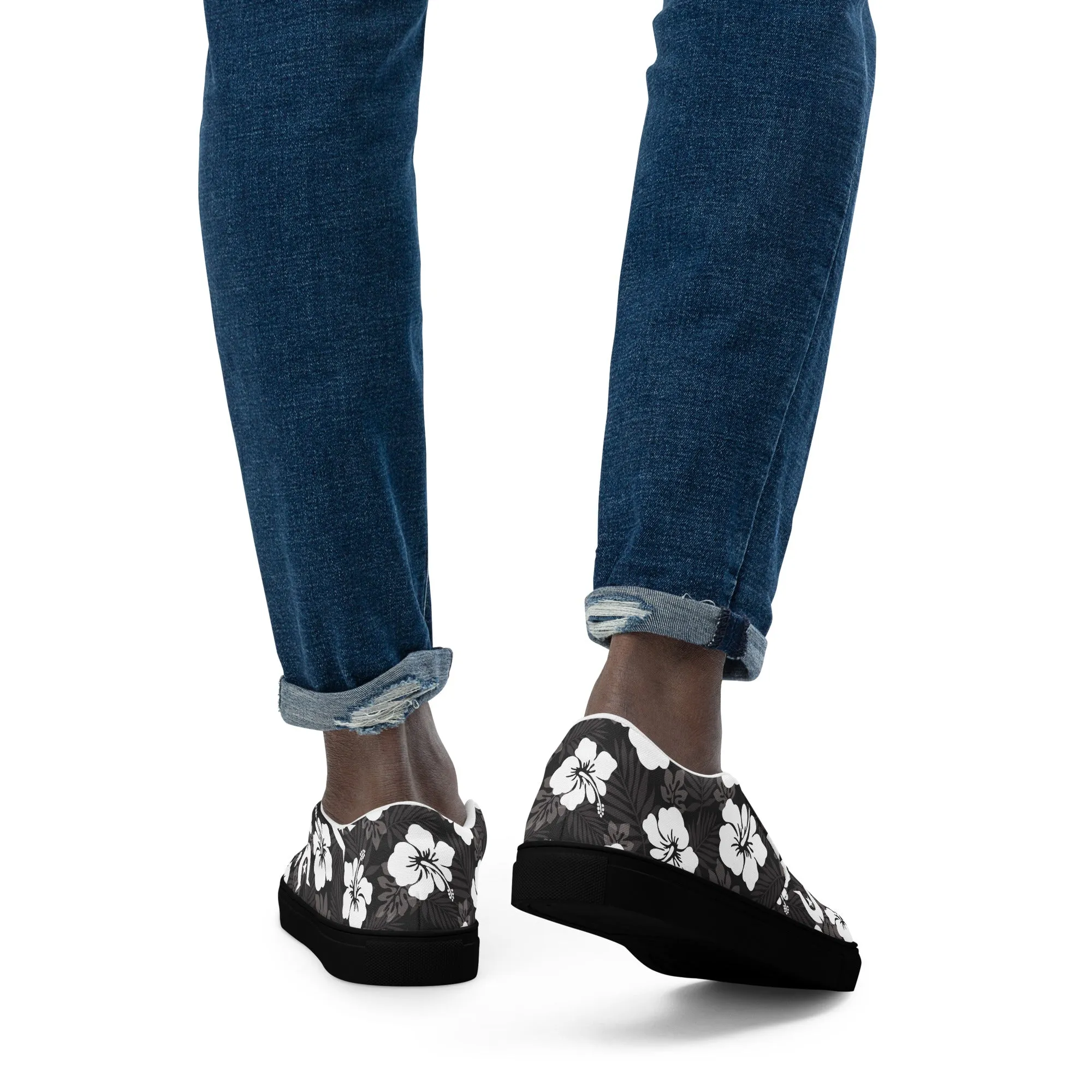 White Hibiscus and Dhari (Black) on Men’s slip-on canvas shoes
