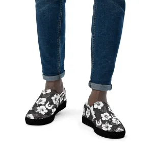 White Hibiscus and Dhari (Black) on Men’s slip-on canvas shoes