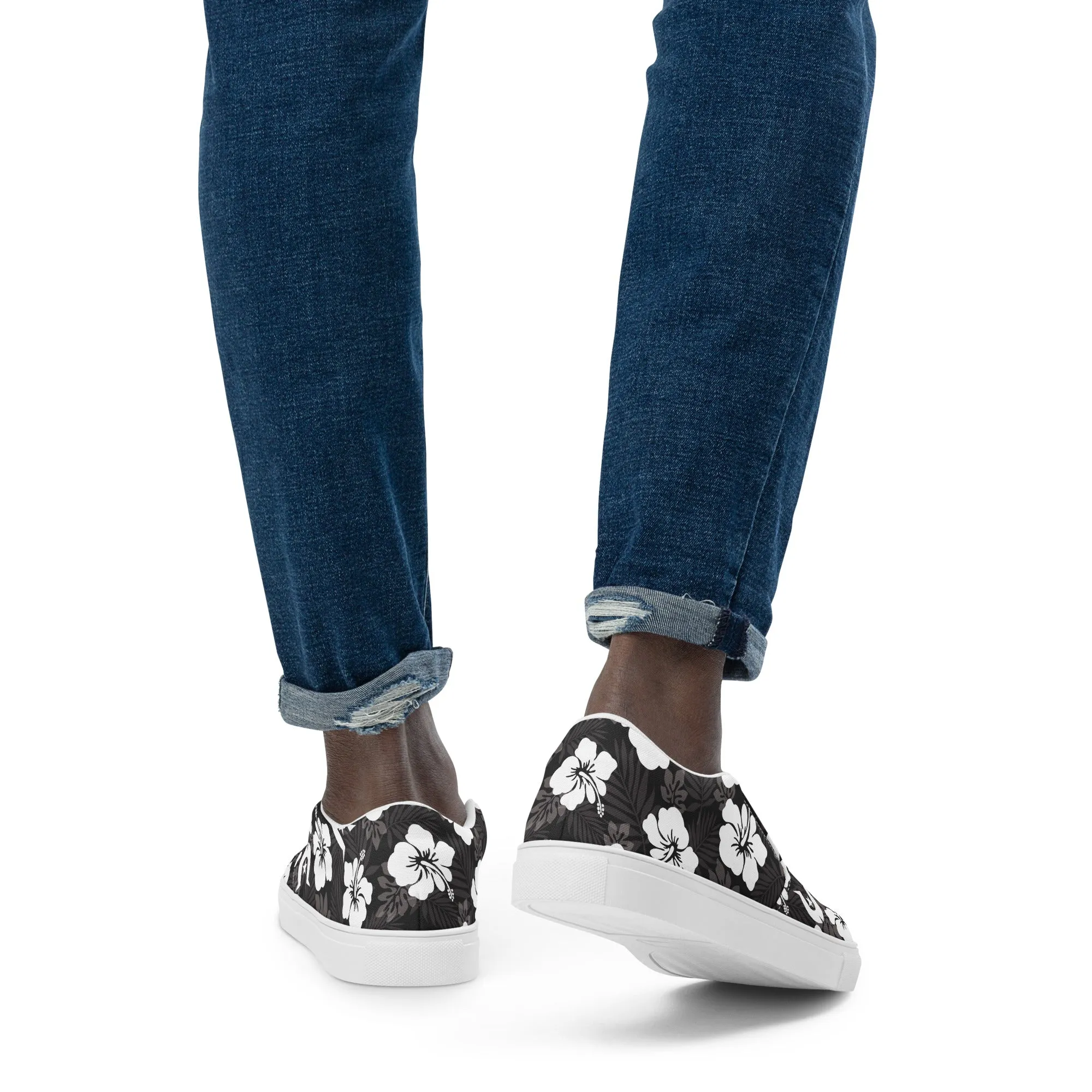 White Hibiscus and Dhari (Black) on Men’s slip-on canvas shoes