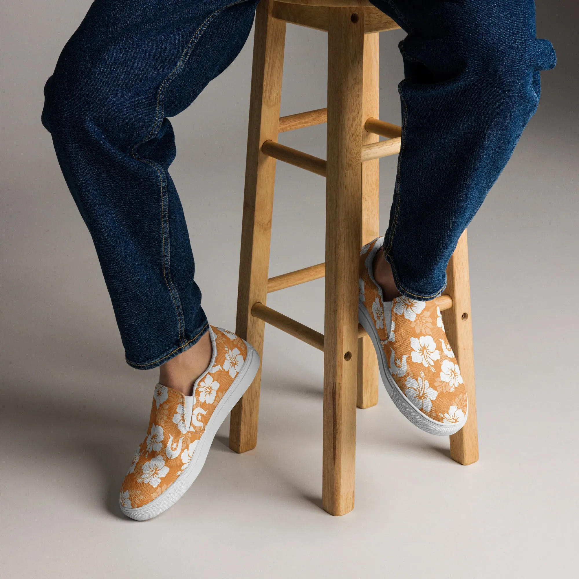 White Hibiscus flowers with Dhari (Orange) on Men’s slip-on canvas shoes