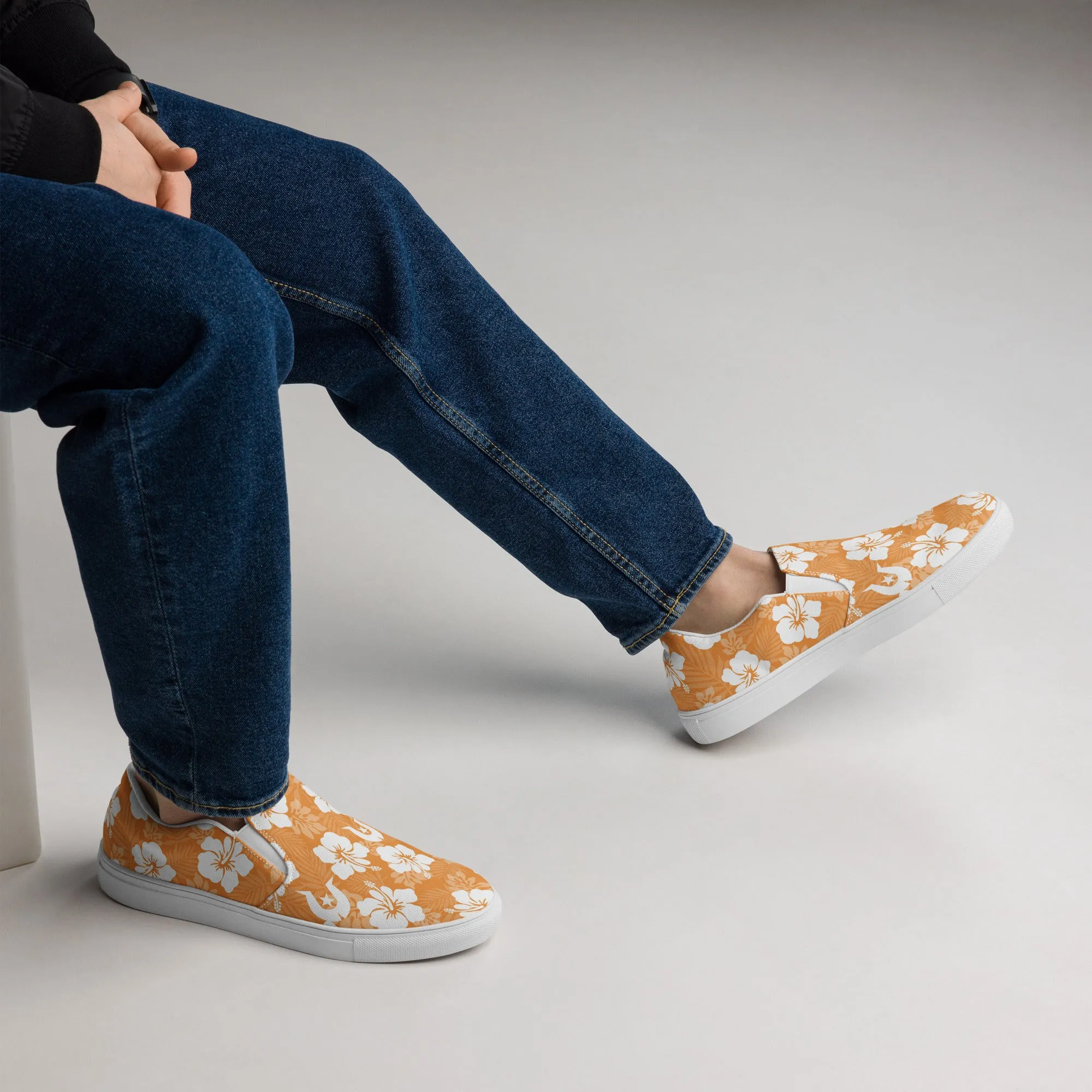 White Hibiscus flowers with Dhari (Orange) on Men’s slip-on canvas shoes