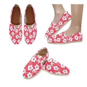 White Hibiscus flowers with Dhari (Red) on Men's Classic Canvas Slip-On Shoes