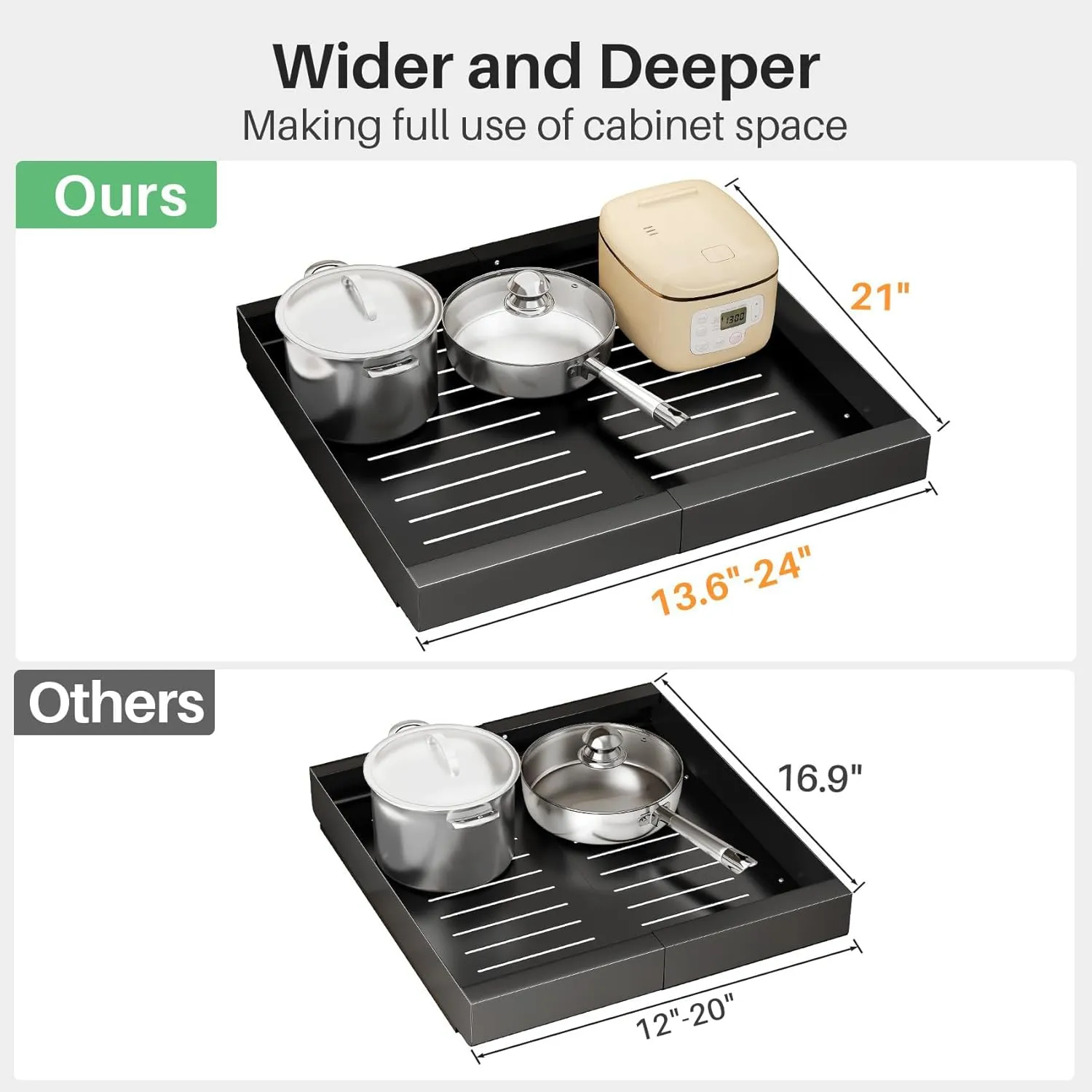 Wider Pull out Cabinet Organizer, Expandable(13.6"-24") Heavy Duty Peel and Stick Roll out Drawer for Pots and Pans, Adjustable Adhesive No Drill Screw Slide out Shelf Storage for Home Kitchen Pantry