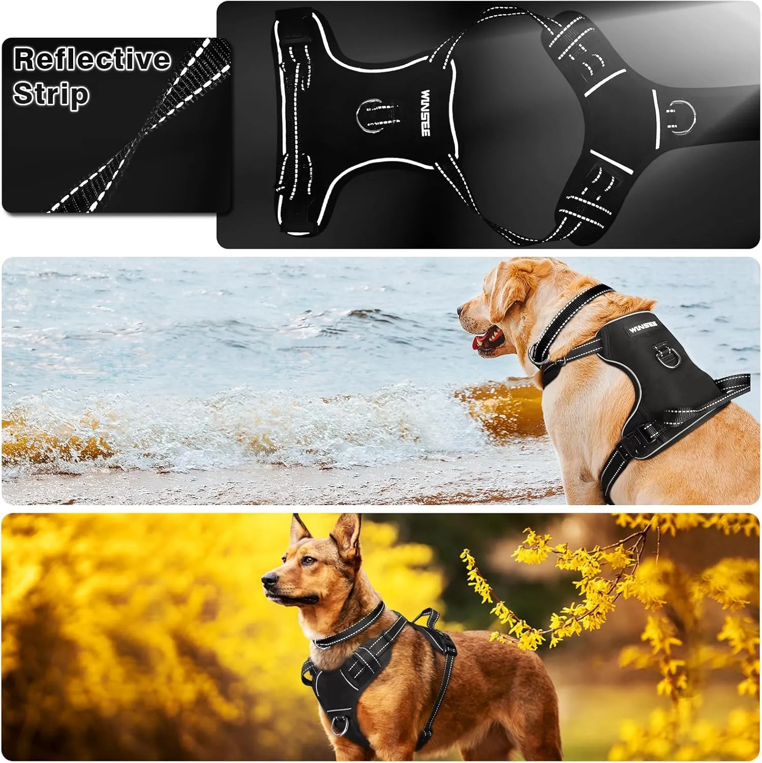 WINSEE Dog/Pet Harnesses No Pull with Dog Collar, Adjustable Reflective Oxford Outdoor Vest, Front/Back Leash Clips for Small, Medium, Large, Extra Large Dogs, Easy Control Handle for Walking