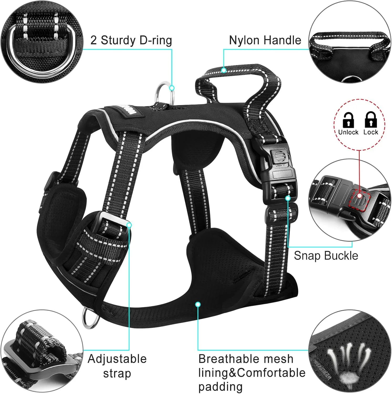 WINSEE Dog/Pet Harnesses No Pull with Dog Collar, Adjustable Reflective Oxford Outdoor Vest, Front/Back Leash Clips for Small, Medium, Large, Extra Large Dogs, Easy Control Handle for Walking