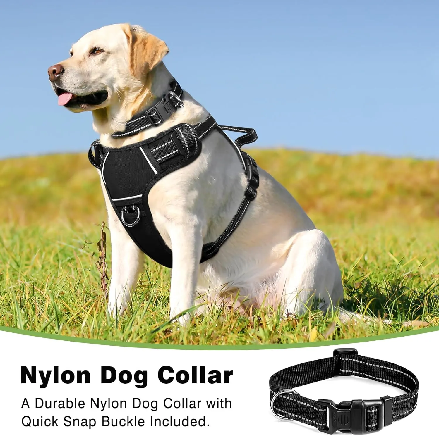 WINSEE Dog/Pet Harnesses No Pull with Dog Collar, Adjustable Reflective Oxford Outdoor Vest, Front/Back Leash Clips for Small, Medium, Large, Extra Large Dogs, Easy Control Handle for Walking