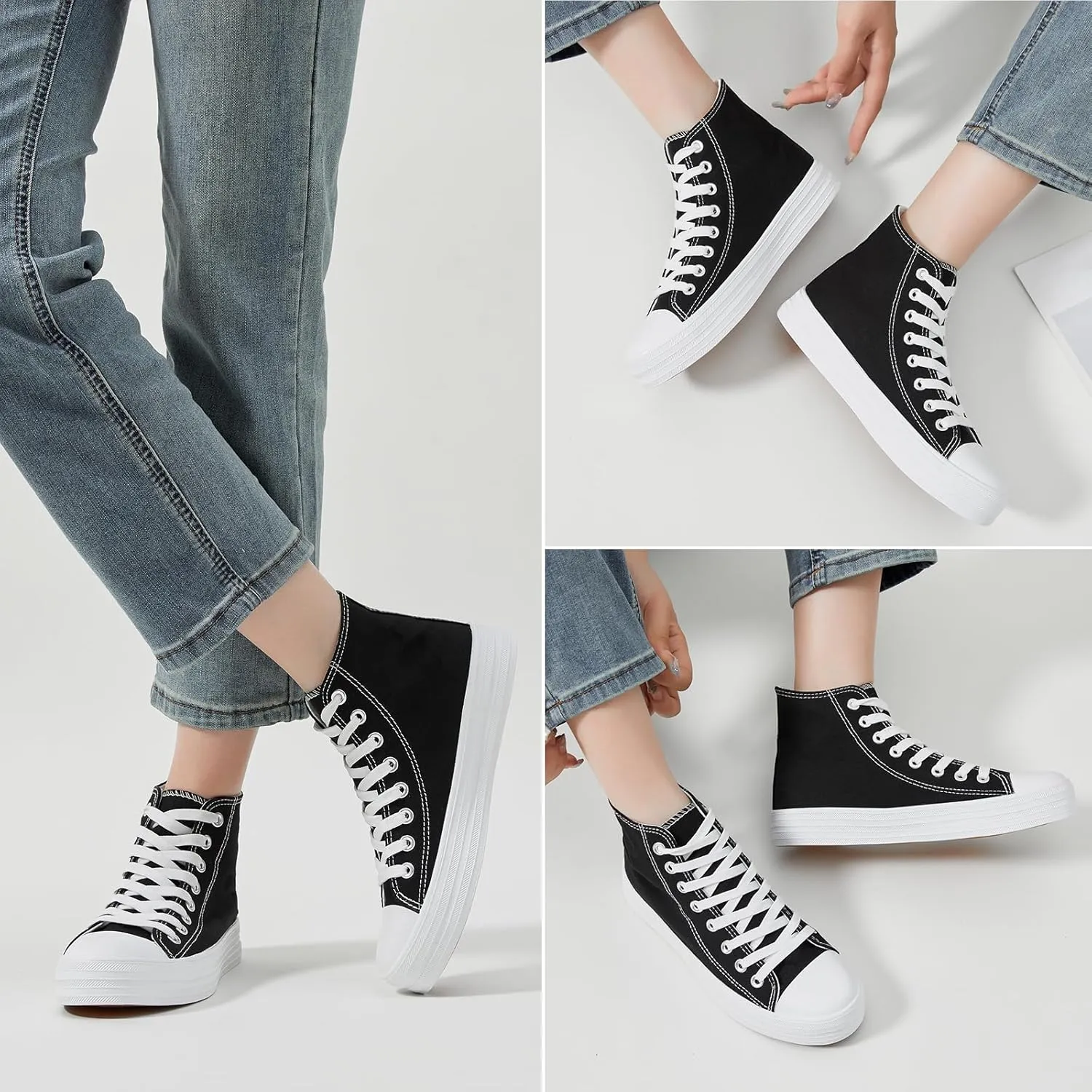 Witwatia Women's High Top Canvas Shoes Black White Fashion Sneakers for Women Comfortable Lace Up Walking Shoes