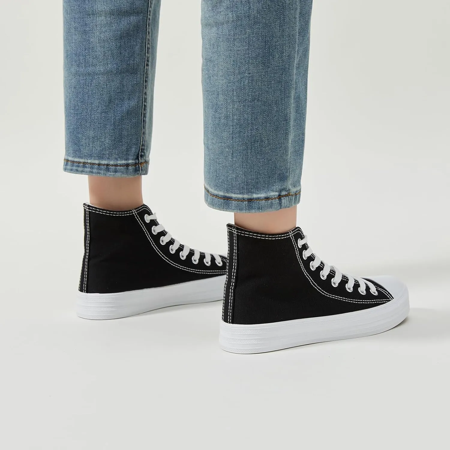 Witwatia Women's High Top Canvas Shoes Black White Fashion Sneakers for Women Comfortable Lace Up Walking Shoes