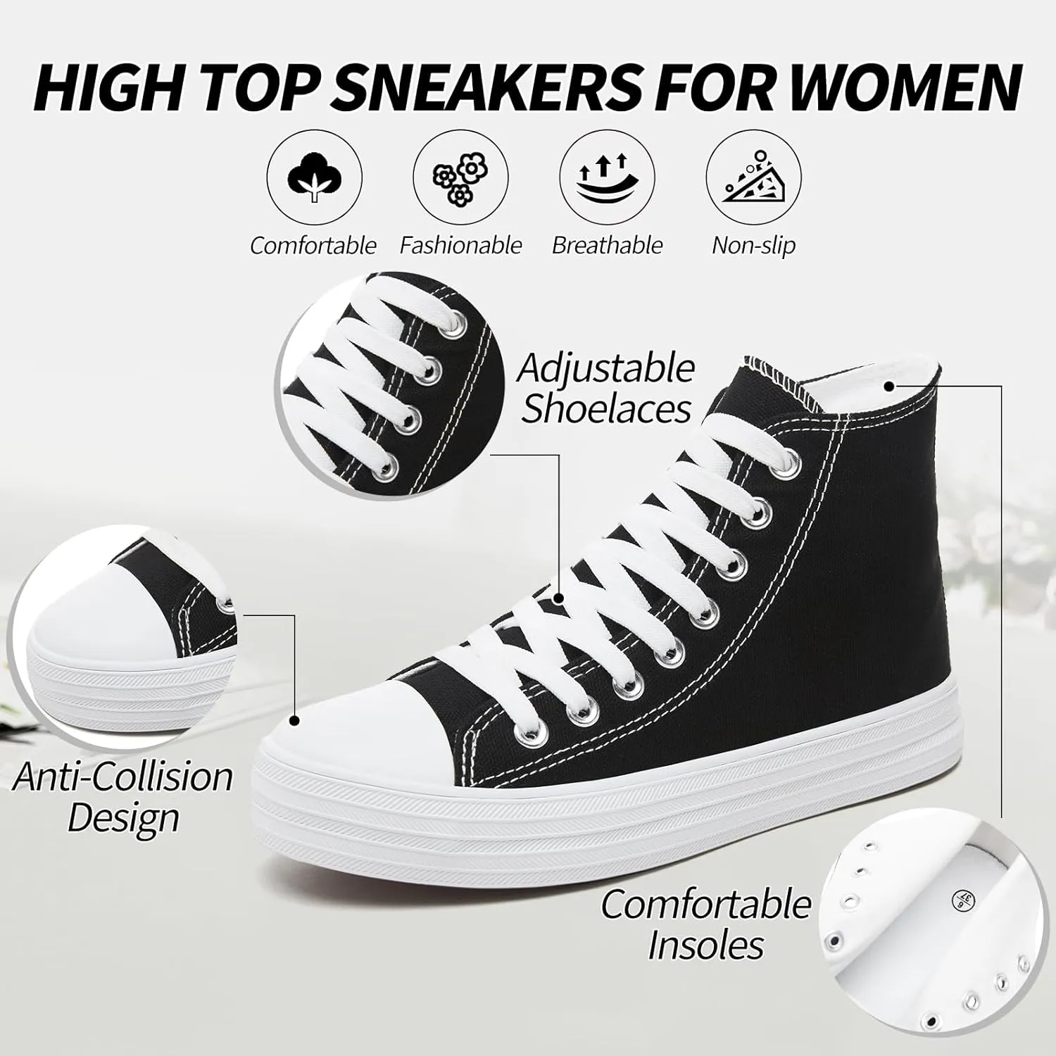 Witwatia Women's High Top Canvas Shoes Black White Fashion Sneakers for Women Comfortable Lace Up Walking Shoes