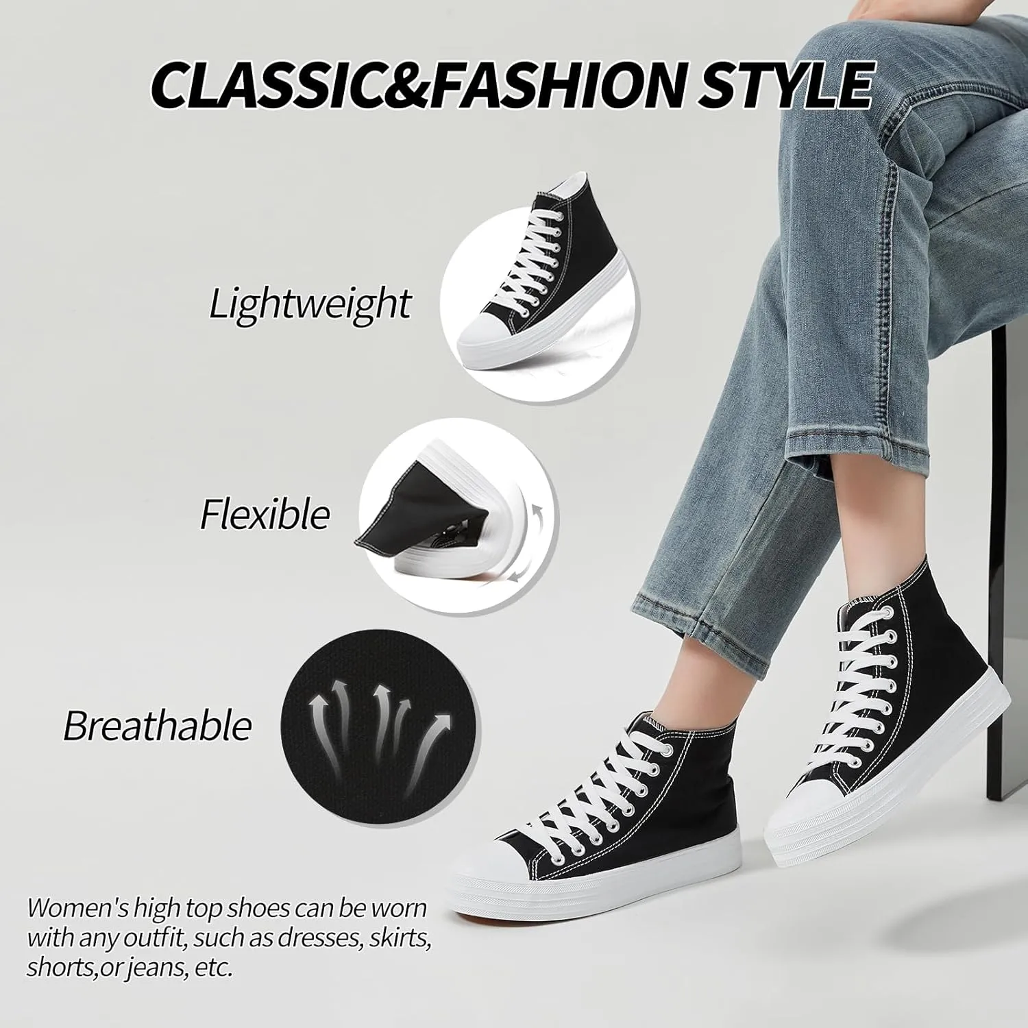 Witwatia Women's High Top Canvas Shoes Black White Fashion Sneakers for Women Comfortable Lace Up Walking Shoes