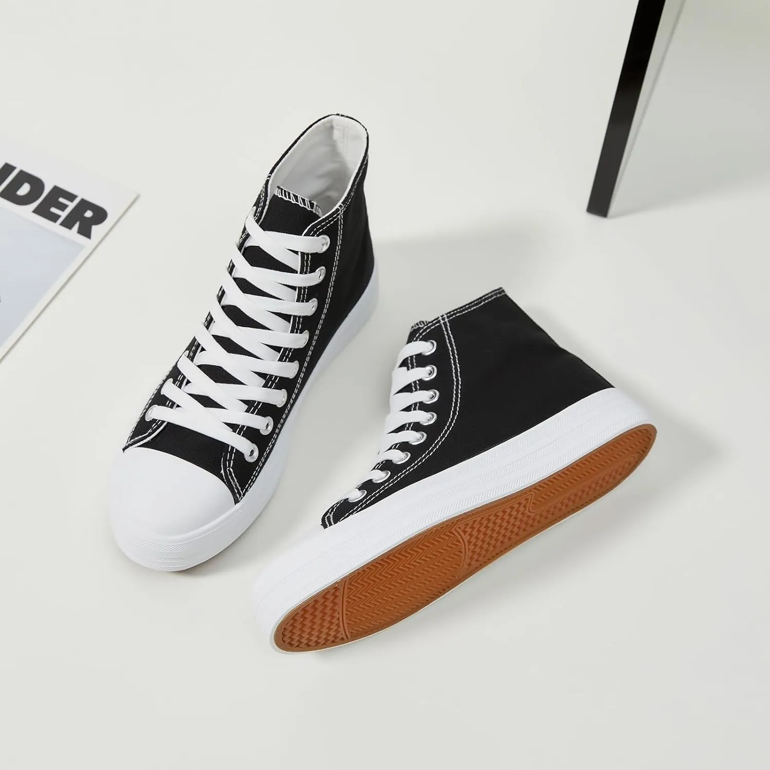 Witwatia Women's High Top Canvas Shoes Black White Fashion Sneakers for Women Comfortable Lace Up Walking Shoes