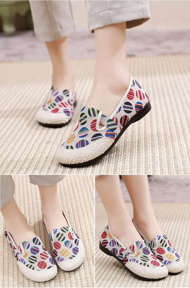 Womens Linen Slip on Canvas Casual Loafers,Cute Round Toe Flats Shoes,Speckled Color Woven Cloth Canvas Shoes