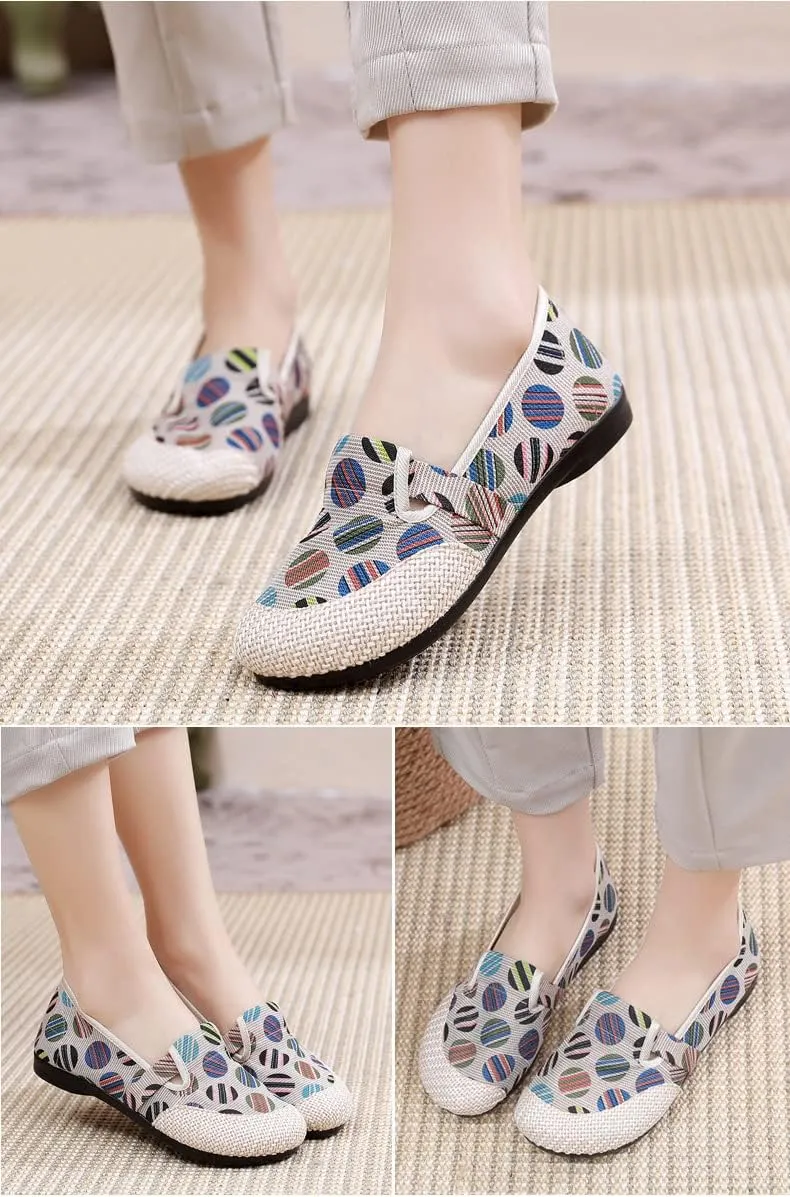 Womens Linen Slip on Canvas Casual Loafers,Cute Round Toe Flats Shoes,Speckled Color Woven Cloth Canvas Shoes