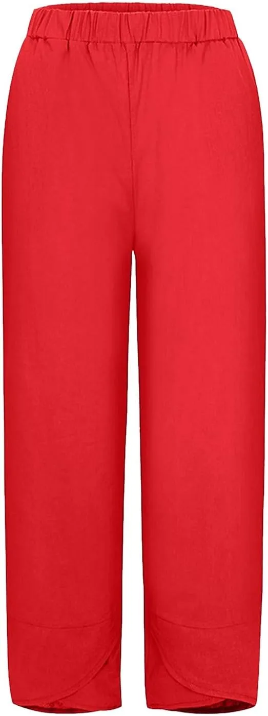 Women's Linen Summer Palazzo Pants Flowy Wide Leg Boho Beach Pants High Waist Tie Knot Trousers with Pocket