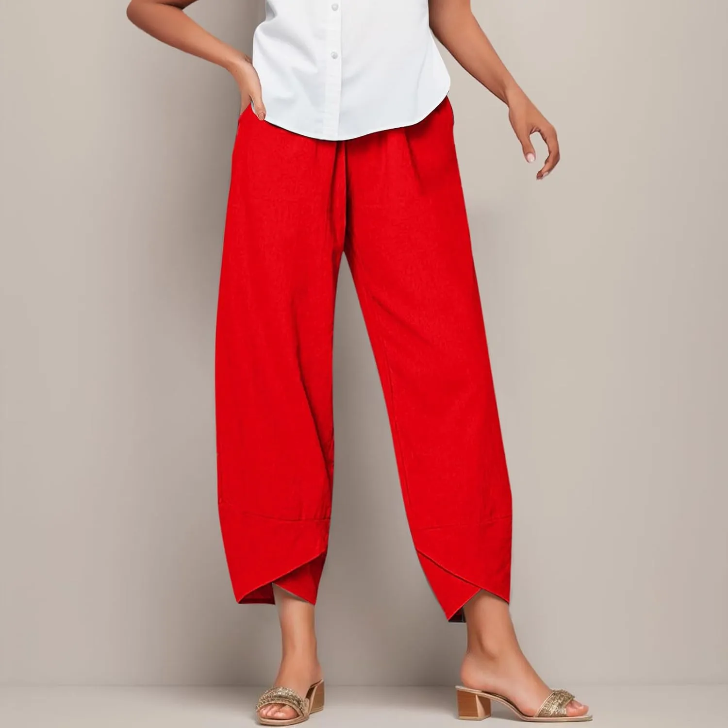 Women's Linen Summer Palazzo Pants Flowy Wide Leg Boho Beach Pants High Waist Tie Knot Trousers with Pocket
