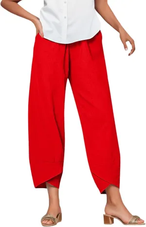 Women's Linen Summer Palazzo Pants Flowy Wide Leg Boho Beach Pants High Waist Tie Knot Trousers with Pocket