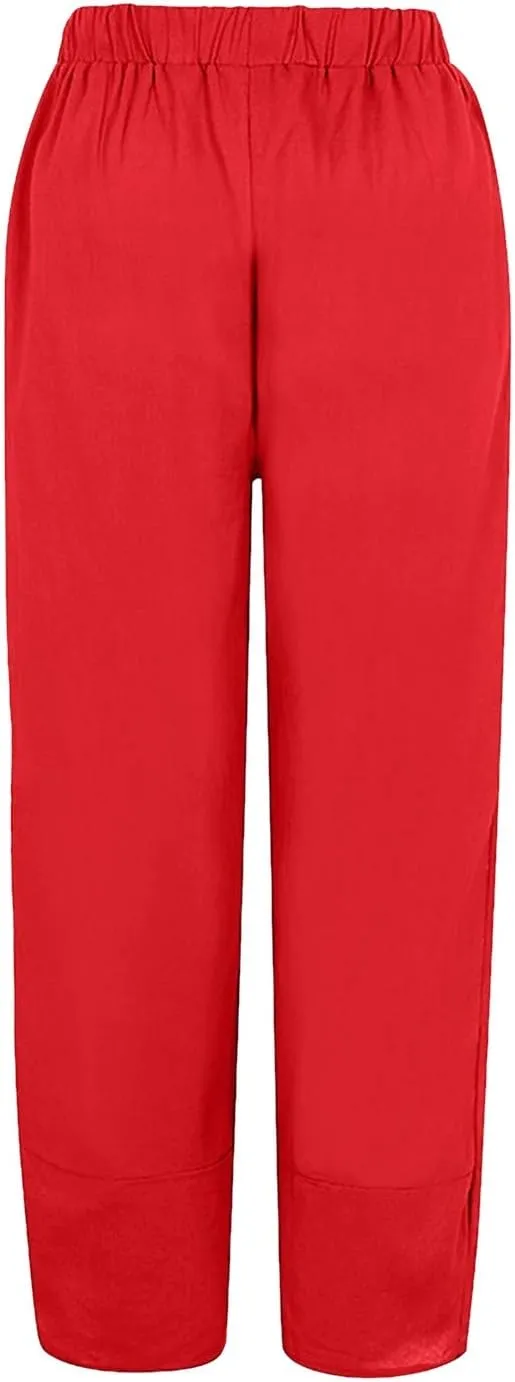 Women's Linen Summer Palazzo Pants Flowy Wide Leg Boho Beach Pants High Waist Tie Knot Trousers with Pocket