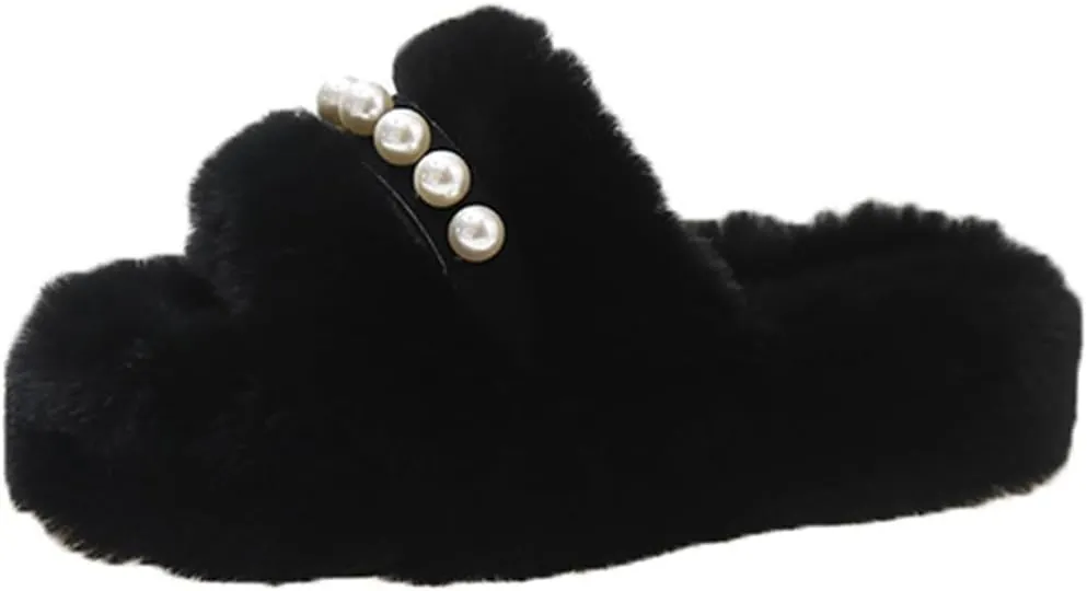 Women's Pearl Plush Fuzzy Slippers - Cute Chic Versatile Pretty Platform Slippers, Open Toe, Non-Slip House Fluffy Faux Fur Lined Slide Shoes