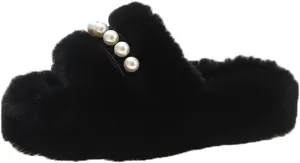 Women's Pearl Plush Fuzzy Slippers - Cute Chic Versatile Pretty Platform Slippers, Open Toe, Non-Slip House Fluffy Faux Fur Lined Slide Shoes