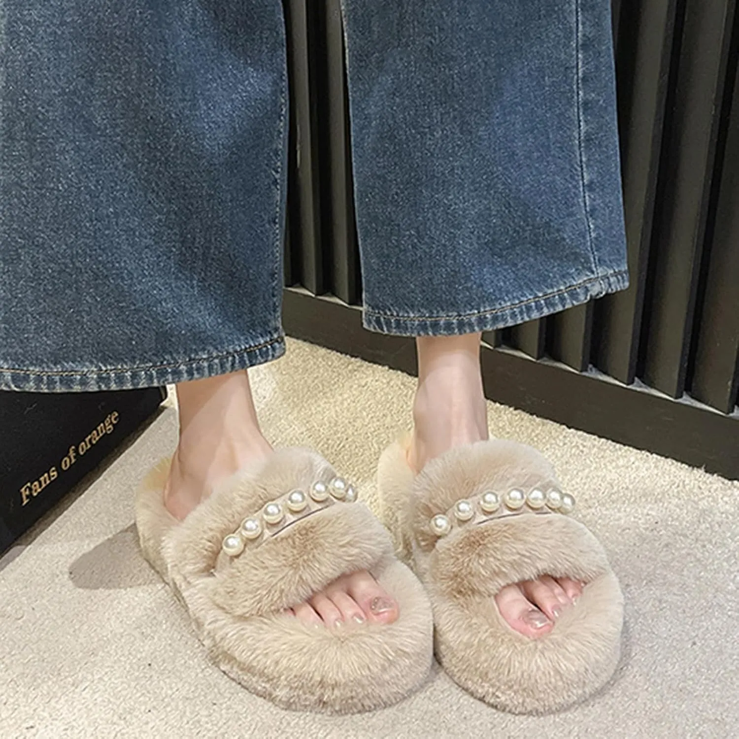 Women's Pearl Plush Fuzzy Slippers - Cute Chic Versatile Pretty Platform Slippers, Open Toe, Non-Slip House Fluffy Faux Fur Lined Slide Shoes